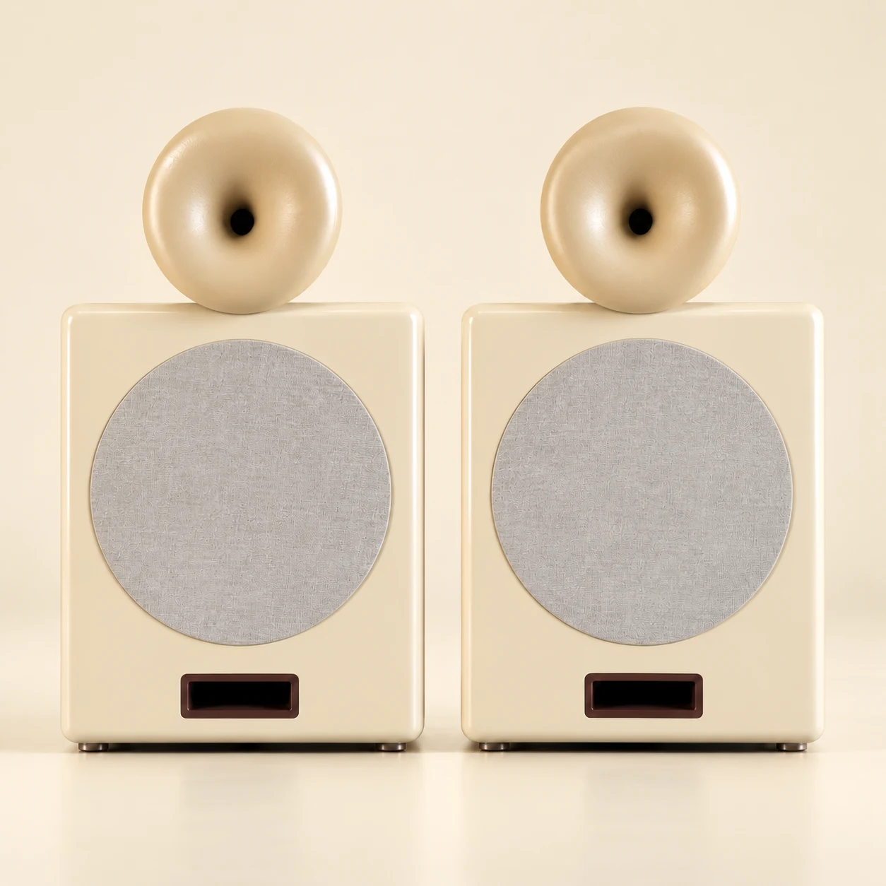 A symmetrical pair of cream speakers with circular horns