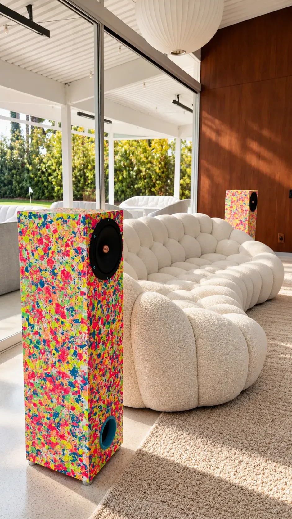 Colorful Cobalt speaker beside a white sofa in a sunlit living room
