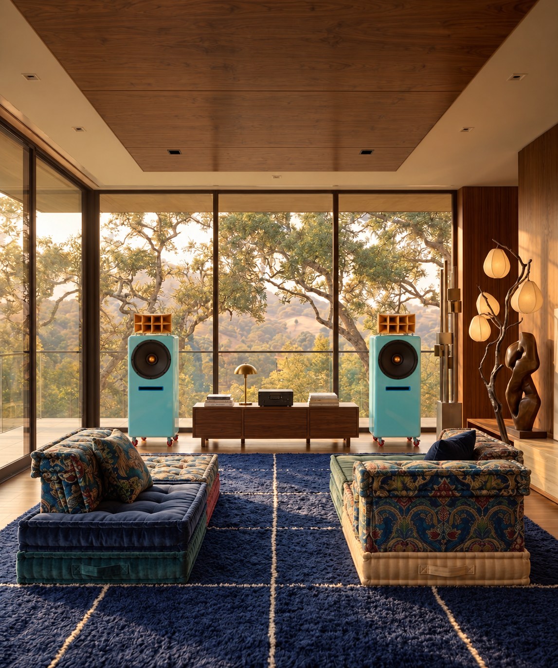 Turquoise Cobalt loudspeakers with wooden horns in a sunlit living space